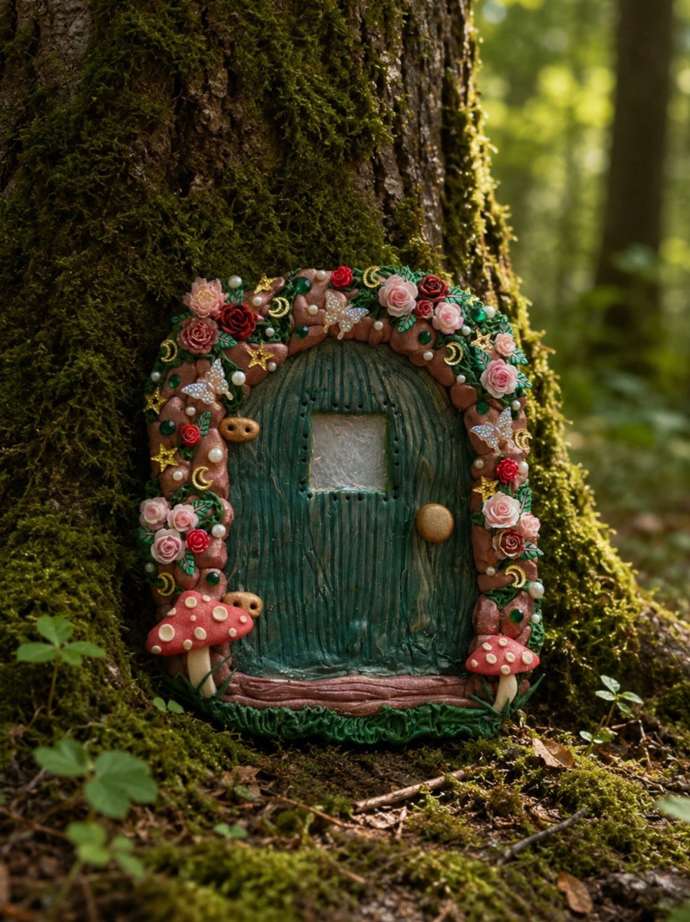 Handcrafted Fairy Door w/ Floral and Mushroom Accents indoor/outdoor decor